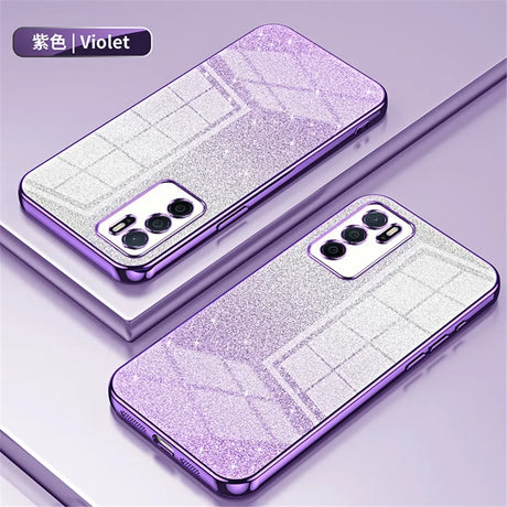 Glittery violet smartphone cases with a gradient effect and multiple camera lenses.