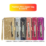Glittery wallet-style phone cases with zippered compartments in six different metallic colors.