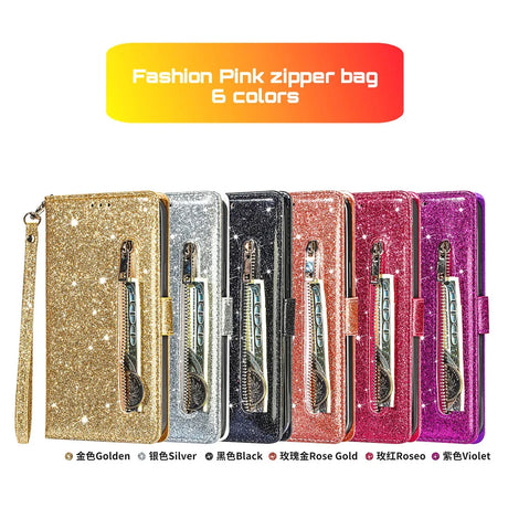 Glittery wallet-style phone cases with zippered compartments in six different metallic colors.