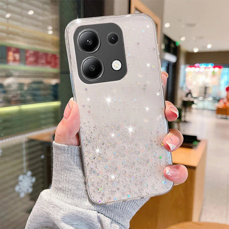 Glittery white smartphone case with a triple camera cutout.