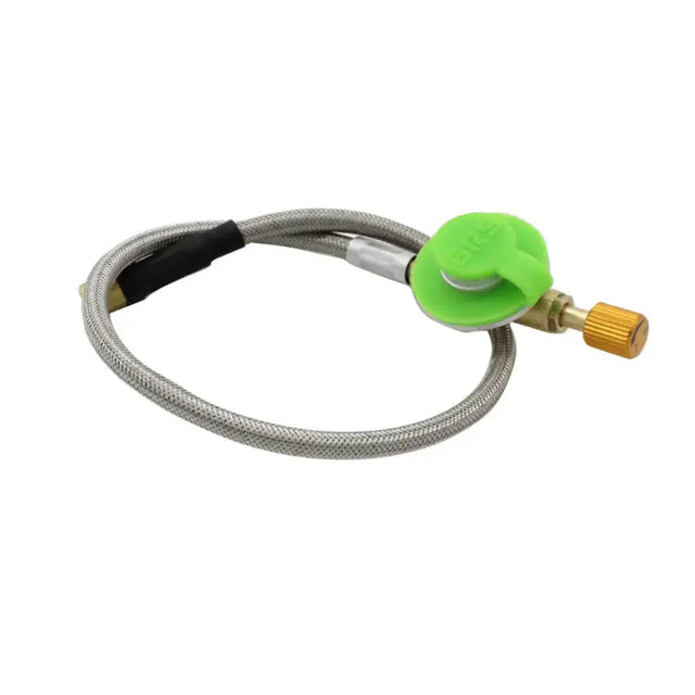 a green hose with a brass fitting