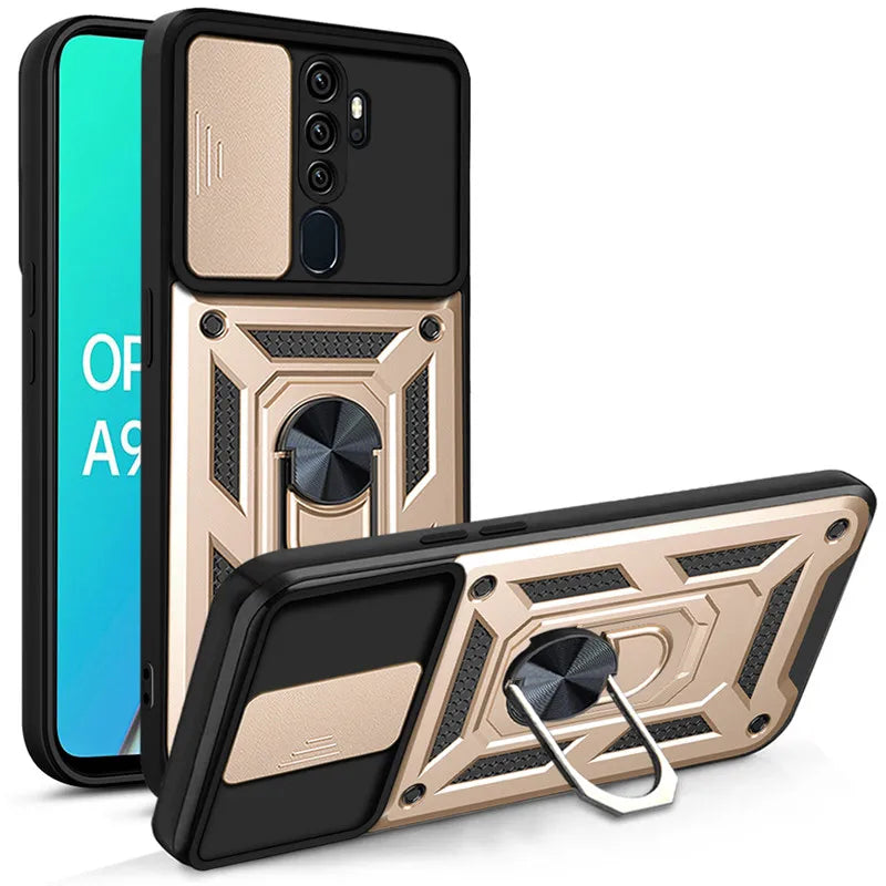 Gold and black shockproof armor case with sliding camera cover and magnetic ring stand for oppo a5 a9 a3s a5s a7 back view