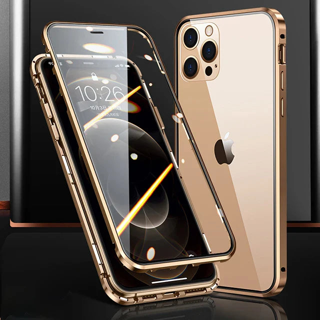 Shockproof 360 Full Protection Metal Magnetic Closure Phone Case For IPhone 15 14 13 12 11 Pro Max X XS XR 8 7 Plus Double-Sided Glass Bumper Cover