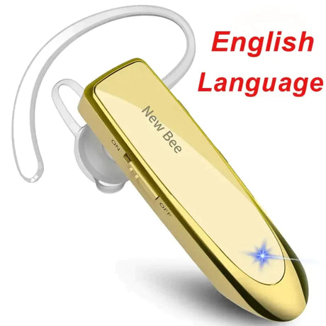 A gold earphone with the words english language