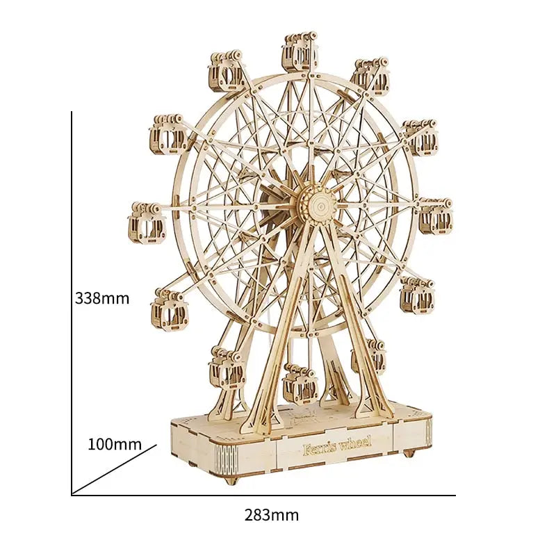 the ferris clock is a gold metal ferris with a wooden base and a metal stand