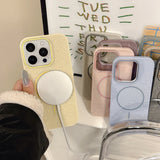 Gold glitter slim phone case for iphone with built-in circular wireless charging pad shown from the back side