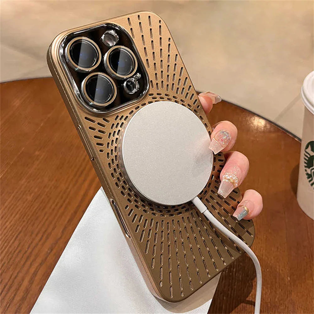 Gold iPhone case with MagSafe charger.