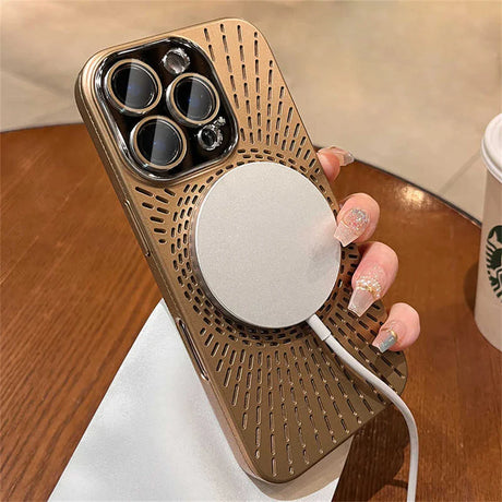 Gold iPhone case with MagSafe charger.