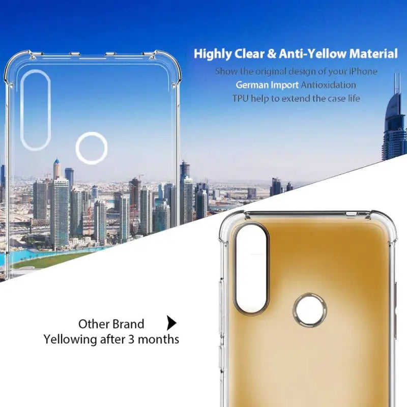 the back of a gold iphone case with a view of a city