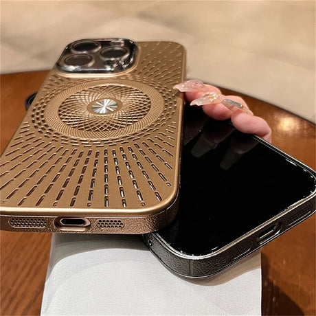 Gold patterned phone case.