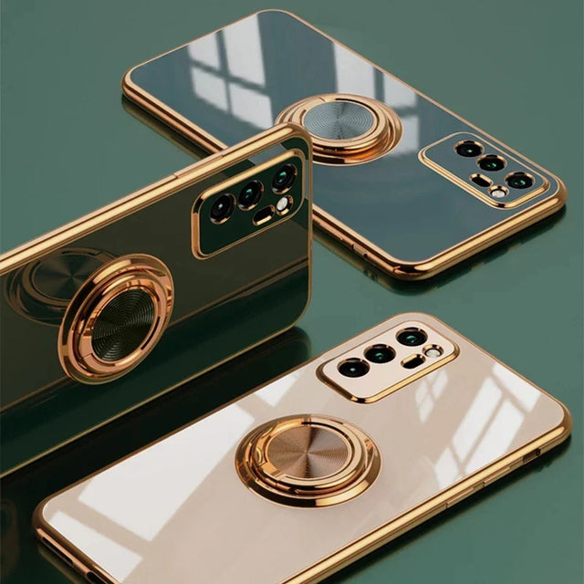 a gold phone with a camera attached to it