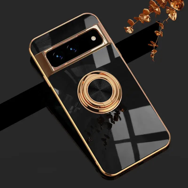 A gold phone case with a camera attached to it