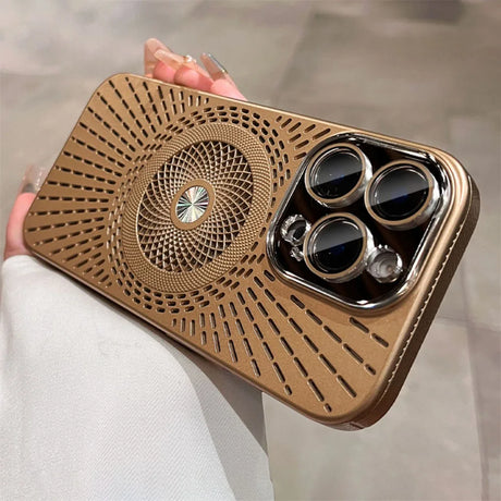 Gold-toned phone case with geometric design.