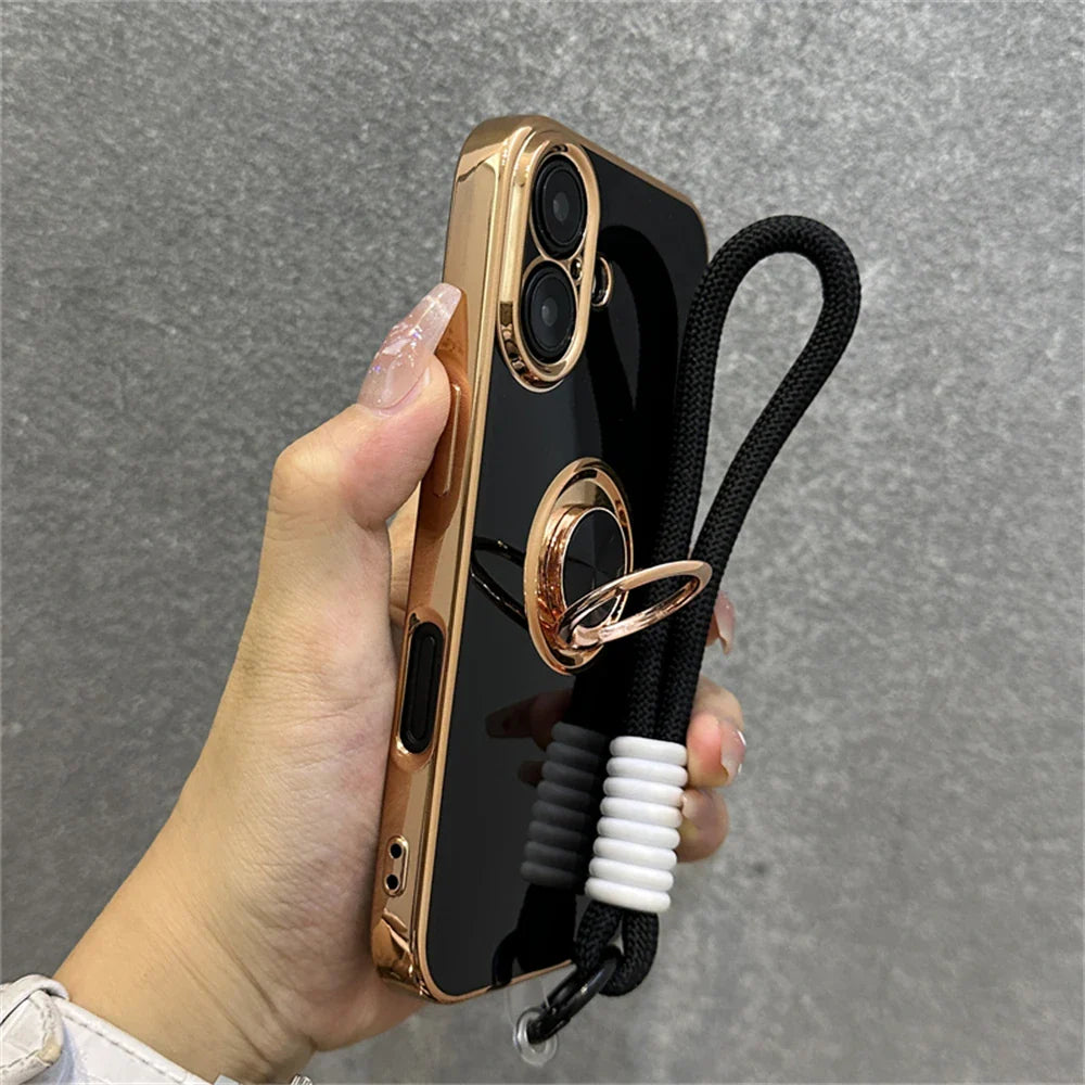 Gold-trimmed black phone case with ring stand and lanyard.