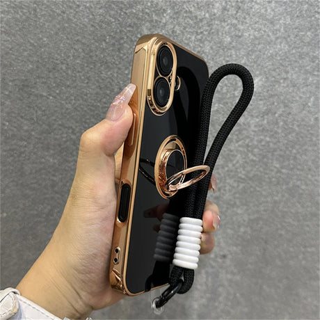Gold-trimmed black phone case with ring stand and lanyard.