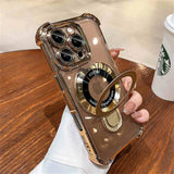 Gold-trimmed clear phone case with ring stand.