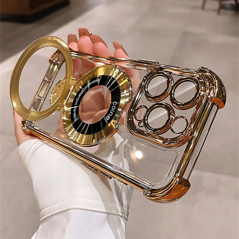 Gold-trimmed clear phone case with ring stand.