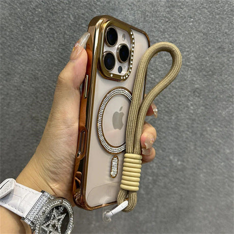 Gold-trimmed iPhone case with lanyard.
