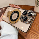 Gold-trimmed phone case with camera lens protectors and rotating ring stand.