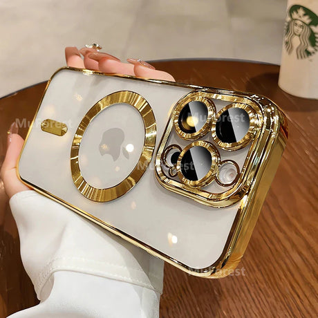 Gold-trimmed phone case with camera lens protectors.