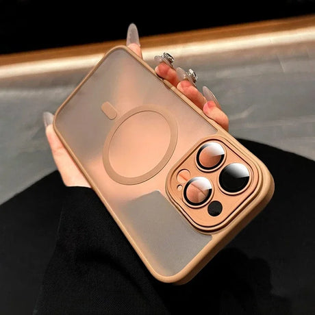 Gold-trimmed phone case with MagSafe.