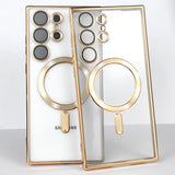 A gold and white cell case with a mirror