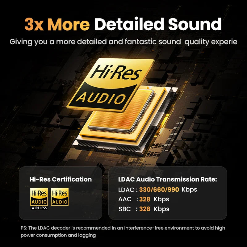 Golden Hi-Res Audio chip stack with layered components glowing against a dark background.