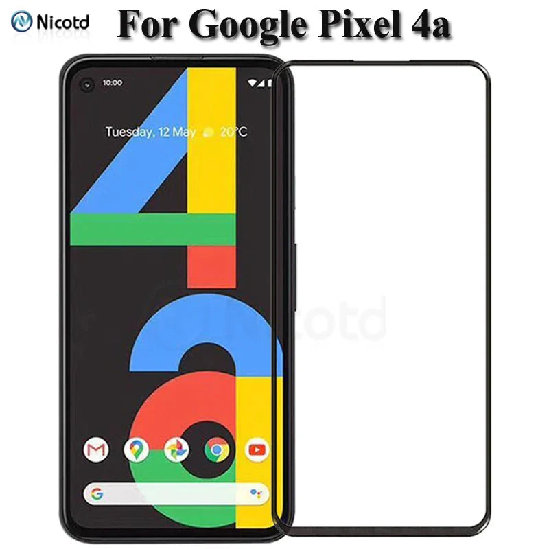 Google Pixel 4a smartphone with its colorful home screen display and a blank screen protector beside it.