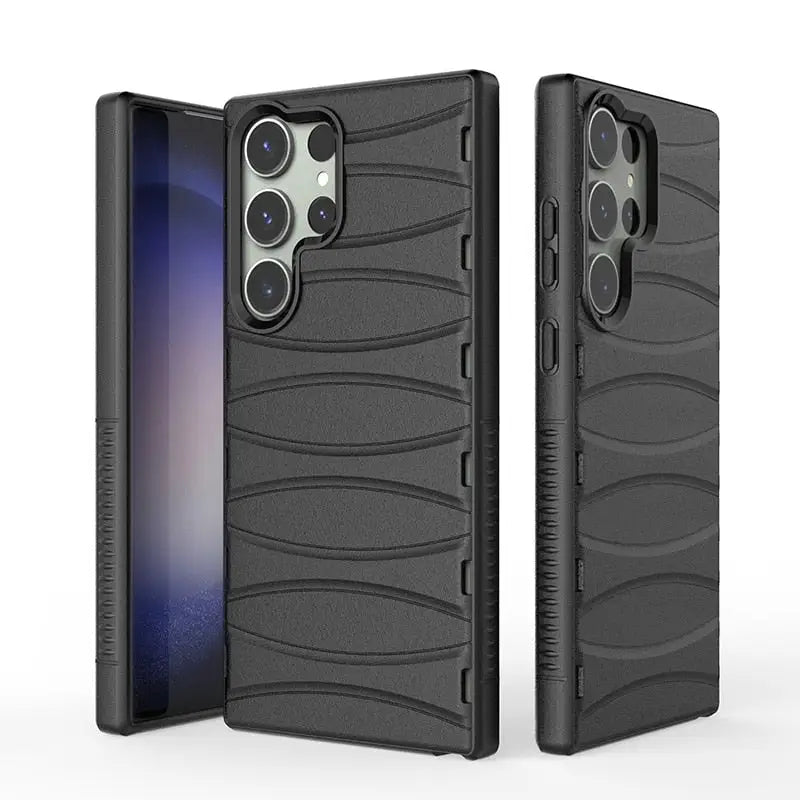 the back of a black case with a black phone