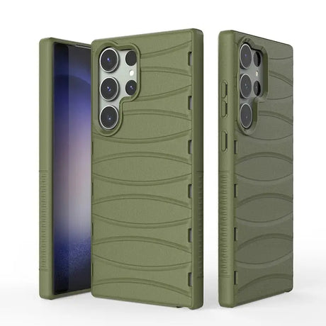 the back of a green case with a phone in it