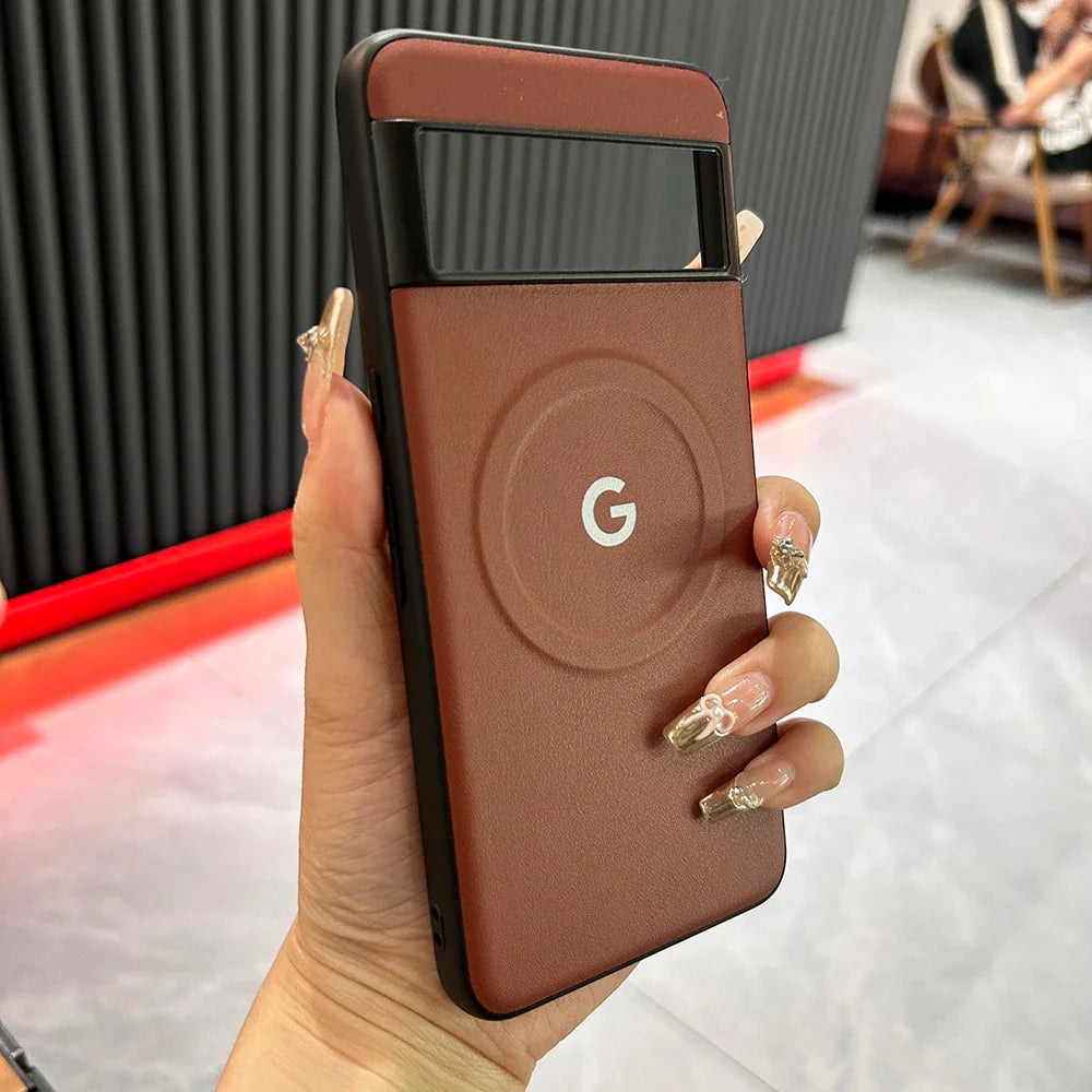 Google Pixel smartphone with a distinctive circular ’G’ logo on its back.