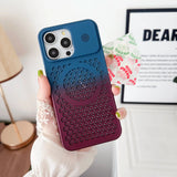 Gradient blue-to-purple phone case with a perforated circular pattern and camera cutouts.