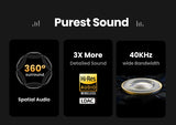 Graphic showcasing audio technology features including 360° surround sound, Hi-Res Audio, and wide bandwidth.