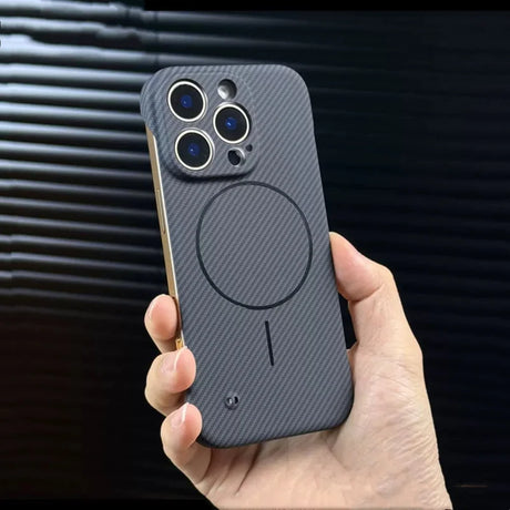 Gray carbon fiber texture phone case with MagSafe compatibility and camera lens protection.