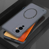 the back of a gray case with a circular logo on it