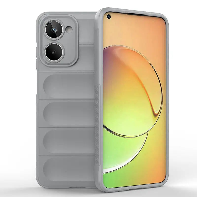 the back of a gray iphone case with a circular design