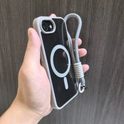 Gray-cased phone with lanyard.