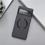 Gray fabric-covered smartphone case with a circular cutout and a rectangular window.