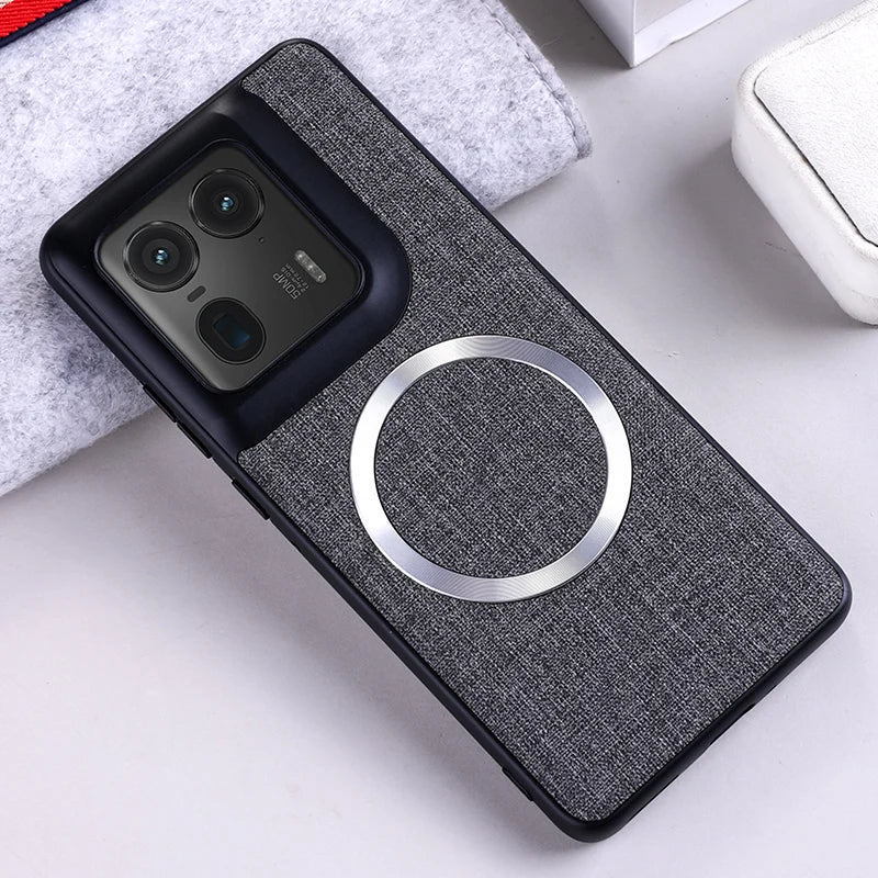 Gray fabric phone case with a circular magnetic ring and a black camera module cutout.
