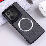 Gray fabric phone case with a circular magnetic ring and a black camera module cutout.