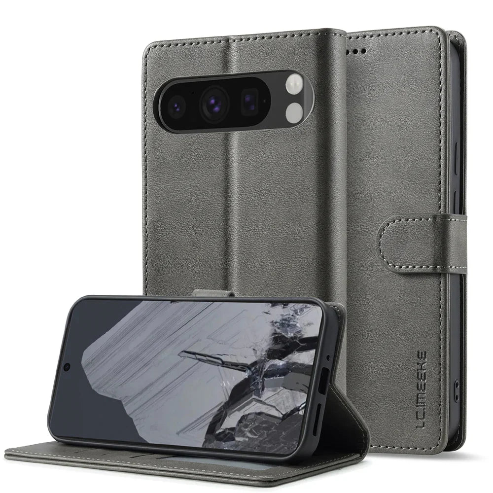 Gray faux leather wallet phone case with a kickstand feature.