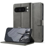 Gray faux leather wallet phone case with a kickstand feature.