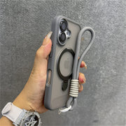 Gray iPhone case with lanyard.