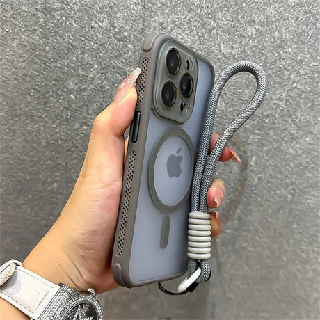 Gray iPhone case with lanyard.