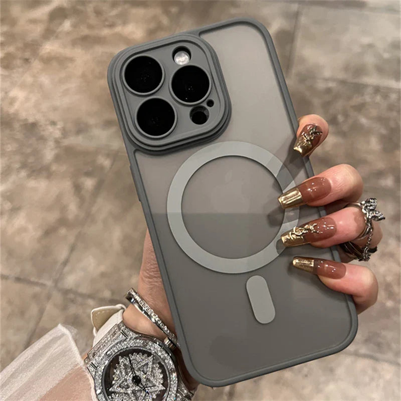 Gray iPhone case with a MagSafe ring and multiple camera lenses.