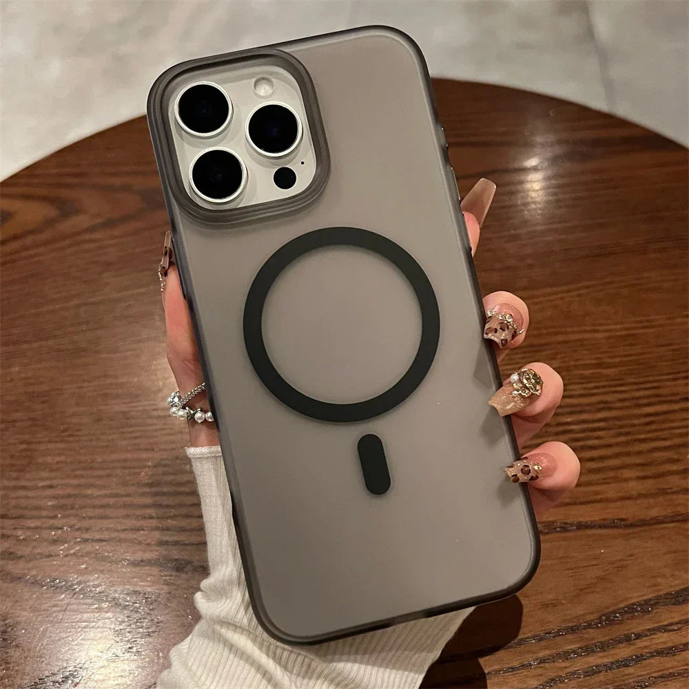 Gray iPhone case with MagSafe ring.