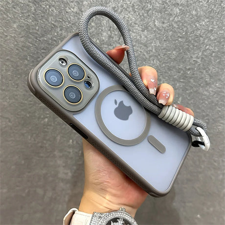 Gray iPhone case with wrist strap.