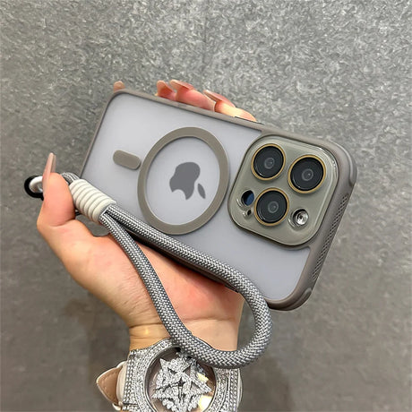 Gray iPhone case with wrist strap.