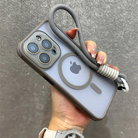 Gray iPhone case with wrist strap.