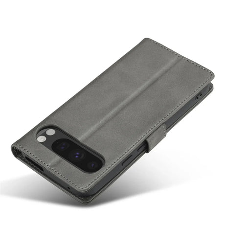 A gray leather folio phone case with a camera cutout.